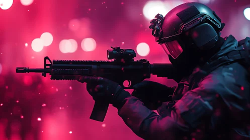 Tactical operator with rifle in red low light environment.