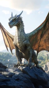 Proud mountain dragon stretches sunlit wings above the valley