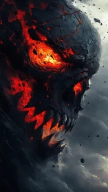 Molten skull titan emerging from storm-torn shadows.
