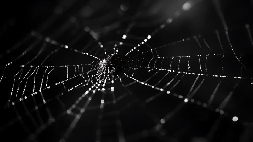 Dewlit spiderweb in dramatic monochrome close-up focus.