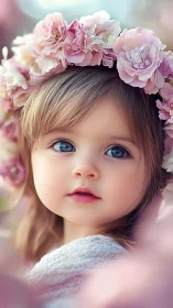 Delicate child portrait adorned with blooming pink peonies.