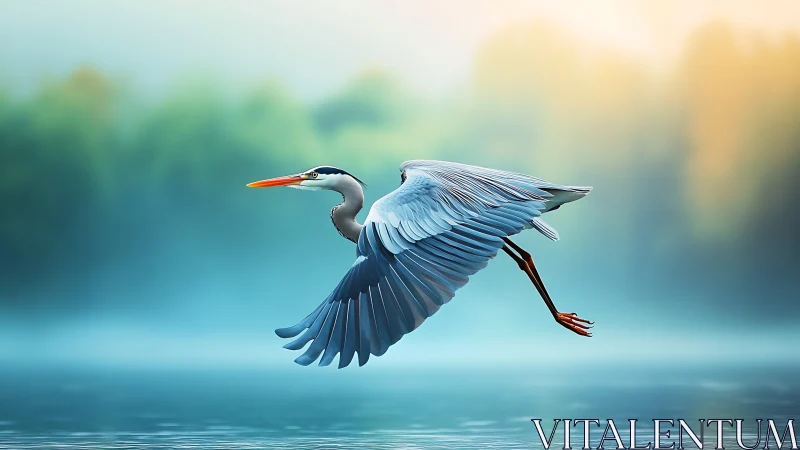 Elegant heron in flight over misty lake at sunrise, digital art.