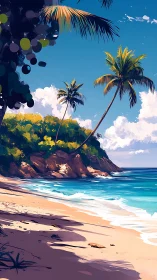 Tropical Island Coastline with Palm Trees and Turquoise Ocean Waters