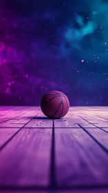 Neon basketball rests on glowing court under cosmic sky.