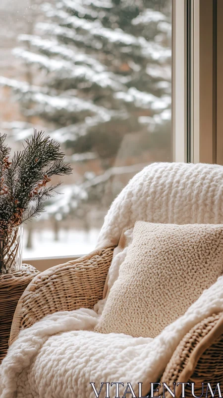 Cozy wicker chair rests by a snowy winter window view
