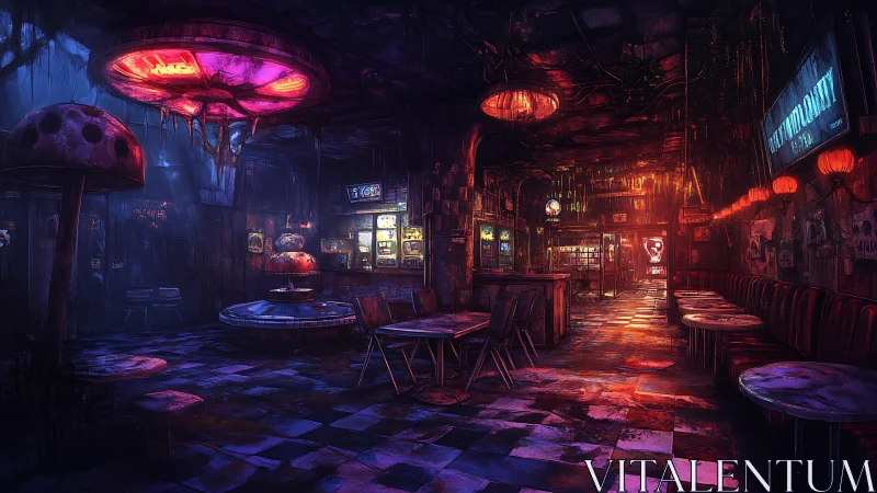 Cyberpunk bar interior with neon lighting and fungal decor.