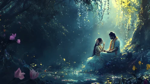 Couple in Enchanted Garden with Bioluminescent Light.