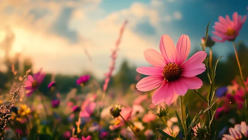 Pink cosmos flowers in field with blue sky backdrop.