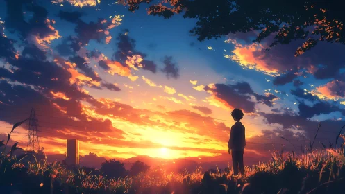 Solitary anime figure watches a blazing, dreamlike sunset sky