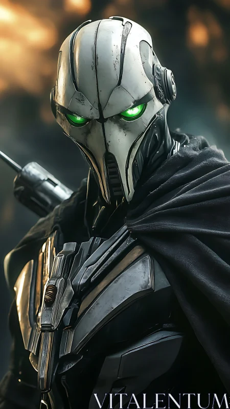 Cybernetic warlord portrait renders luminous green optics