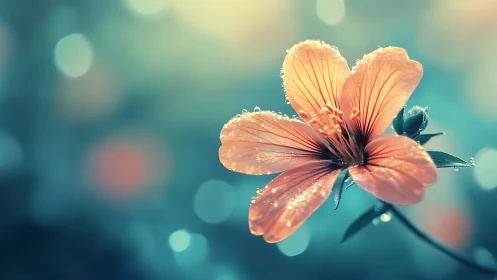 Peachy Flower with Dew Drops in Soft Focus.