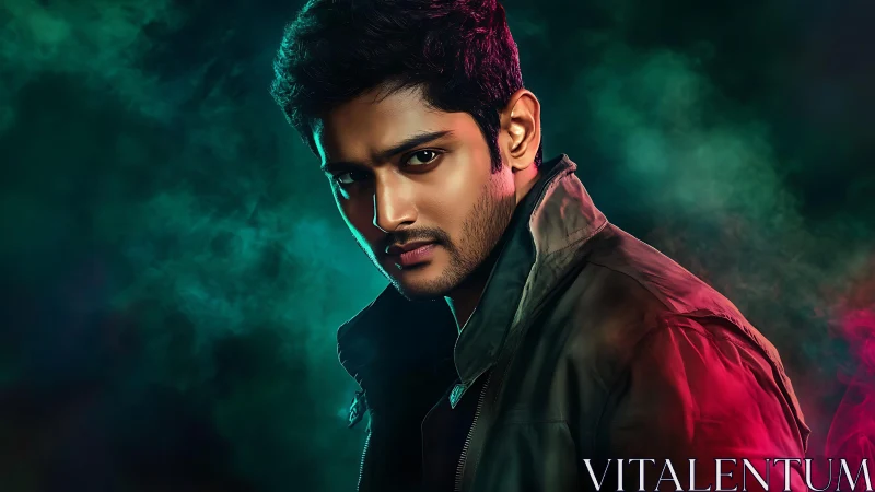 Photorealistic moody portrait with neon rim lighting treatment.