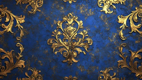 Gold baroque relief motifs overlay textured cobalt background