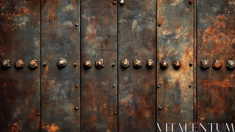 Weathered riveted steel panels with rich rust patina texture.