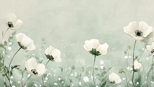 White Anemones Drift Through Soft Green Mist