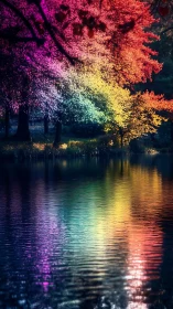 Rainbow forest canopy reflects over calm rippled lake surface