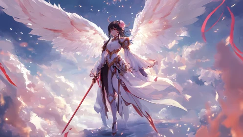 Winged female warrior in white armor over glowing clouds.