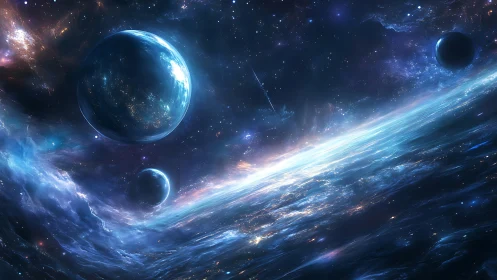 Glowing cosmic worlds drift above a luminous galactic horizon