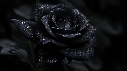 Close-up black rose with water droplets on dark background.