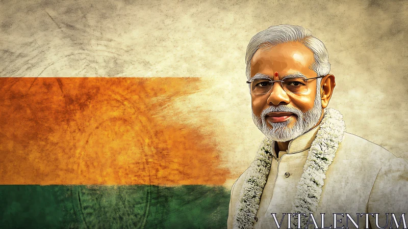 Portrait of Indian political leader before flag background.