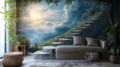 Serene loft interior merging stone steps with sky mural.