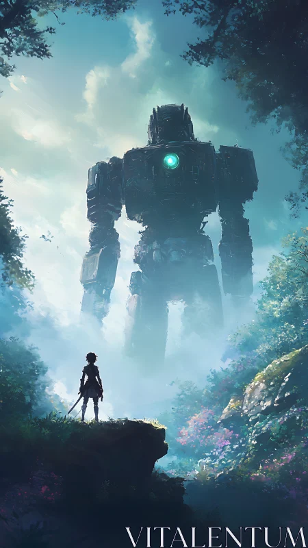 Sword‑wielding figure confronts giant robot in misty forest