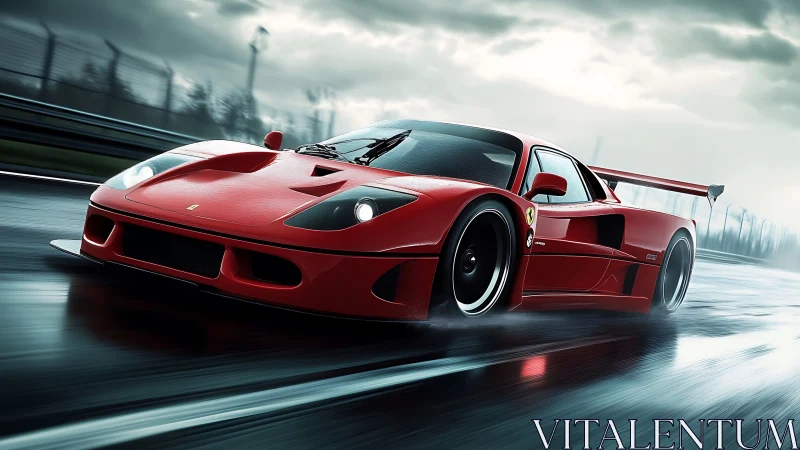 Red racing supercar on wet track under stormy sky.