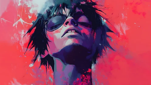 Portrait of sunglasses wearer in abstract red setting.