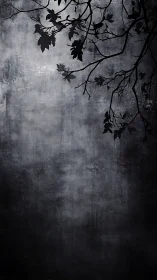 Monochrome foliage silhouette against distressed grey field.
