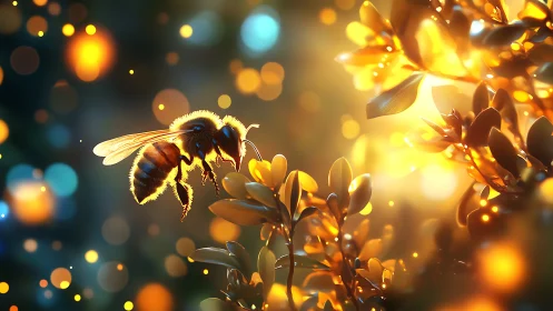 Macro honeybee in luminous bokeh field with golden foliage