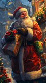 Santa Claus smiles warmly as he delivers glowing gifts