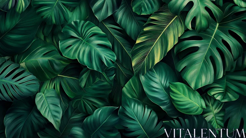 Tropical monstera leaf pattern with deep green foliage.