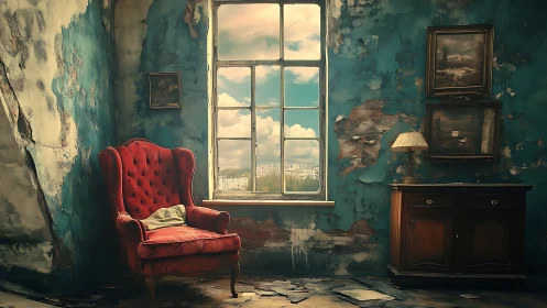 Interior shows worn teal wall, red chair and window view