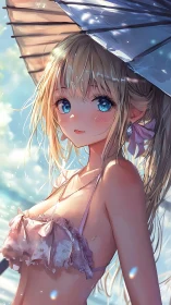 Sunlit beach girl gazes softly beneath a bright parasol