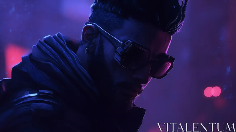 Neon midnight drapes a brooding cyber wanderer in glow