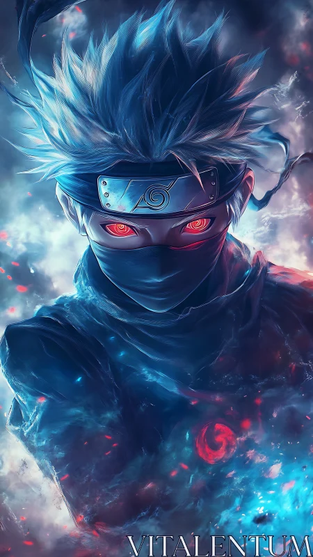Blue-haired masked warrior with glowing red eyes in energy storm