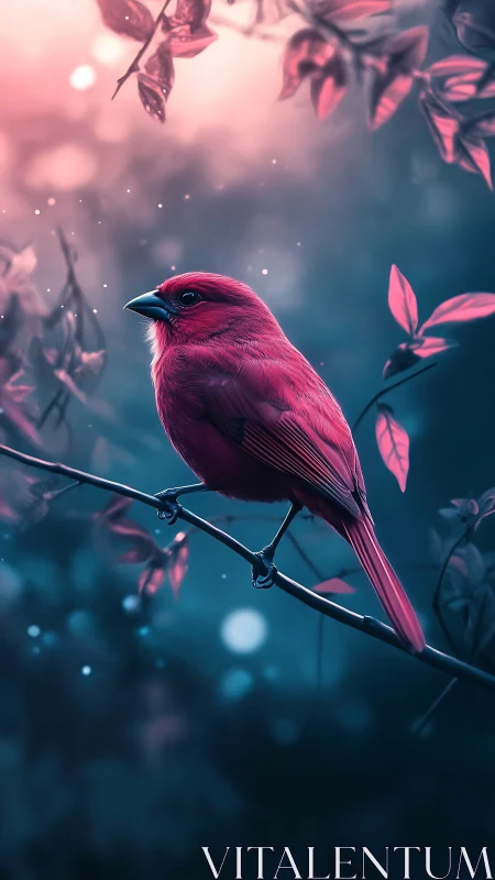 Crimson songbird rests amid neon leaves at twilight glow.