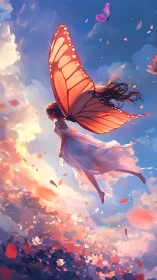 Softly drifting butterfly-winged girl glides through glowing sky