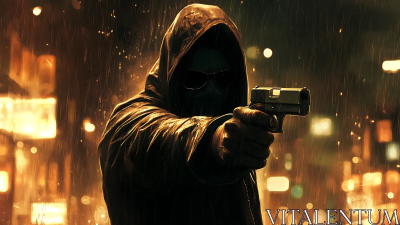 Mysterious hooded figure in a neon city rainstorm at night.