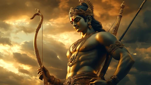 Divine warrior archer rendered in dramatic golden sunset light.