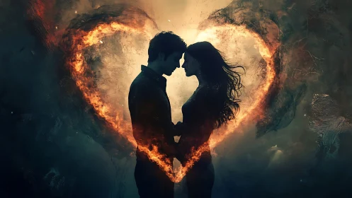 Silhouetted figures against incandescent heart-shaped flame formation with volumetric atmospheric ef