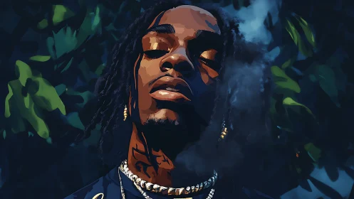 Calm confidence in a dreamy night portrait among leaves.