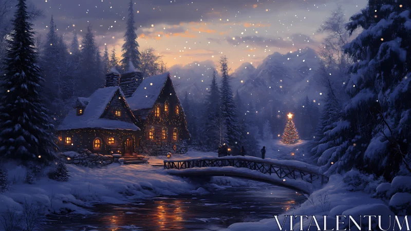 Cozy winter cabin and glowing tree under gentle snowfall.