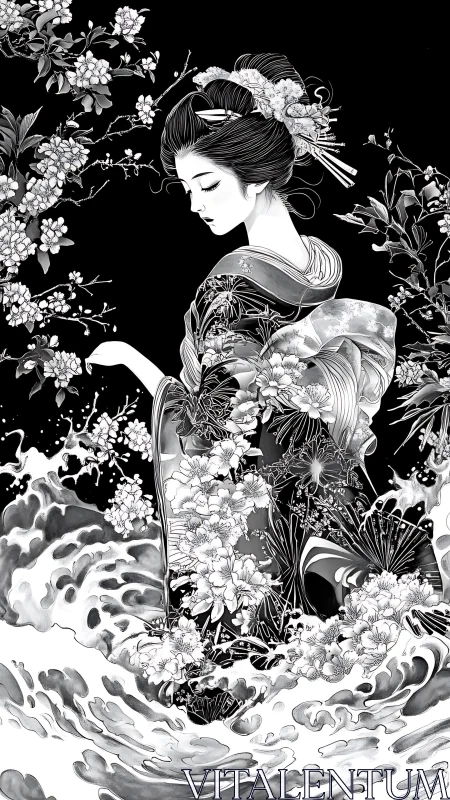 Monochrome geisha in floral vortex with dynamic wave geometry.
