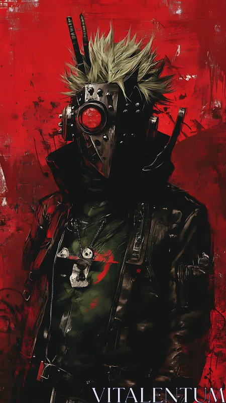 Masked cyberpunk figure against distressed red field.