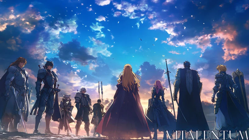 Twilight oath of skybound knights on a glowing horizon.