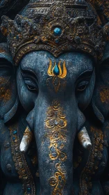 Textured stone elephant deity bust with gold inlay detailing.