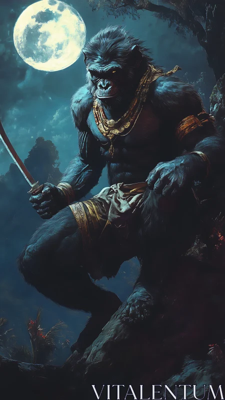 Gorilla warrior crouches under full moon with sword ready.