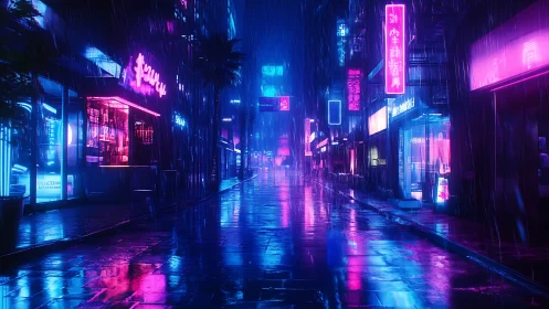 Neon soaked city street glowing softly in the midnight rain.