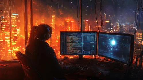 Cyberpunk coder overlooks neon city from glass highrise.